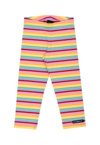 Bunte Leggings mit horizontalen Streifen in Pink, Gelb, Rot und Türkis, aus einem weichen, dehnbaren Material gefertigt, mit einem elastischen Bund.