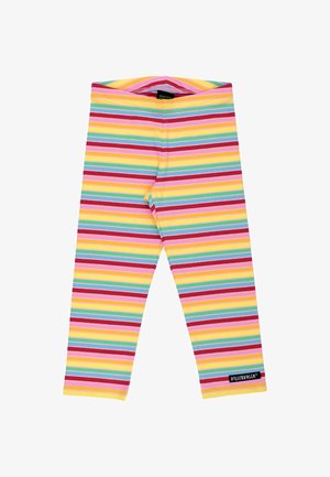 Kleurrijke leggings met horizontale strepen in roze, geel, rood en teal, gemaakt van een zachte, rekbare stof, met een elastische tailleband.