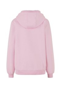 Sweatshirt à capuche rose avec une texture douce, des poignets et un ourlet côtelés. Dispose d'une capuche avec cordon de serrage et est conçu pour une coupe décontractée.