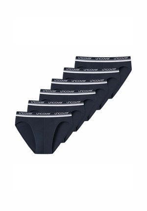 Five pairs of black men's briefs with white elastic waistbands labeled "uncover," arranged in a staggered stack on a white background.