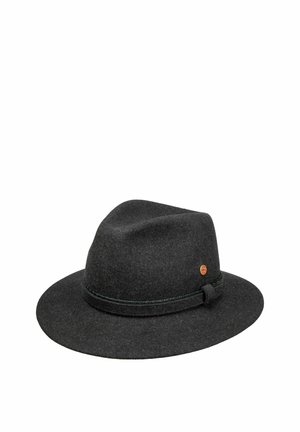 Black felt fedora hat with a wide brim and a thin band featuring a small round orange emblem on the side.