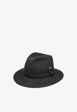 Black felt fedora hat with a wide brim and a thin band featuring a small round orange emblem on the side.