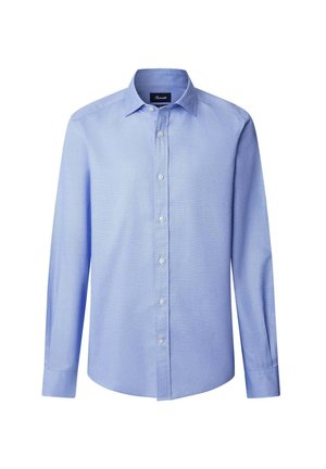 Camicia azzurra a maniche lunghe con bottoni, colletto classico e bottoni bianchi, esposta su uno sfondo bianco.