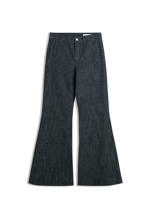 Flared dark denim jeans with a high waist, five pockets, and a subtle vertical texture. Features a front button and zipper closure.