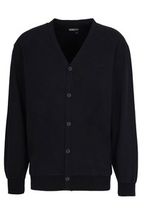 Mustat V-pääntie neulecardigan, jossa on napitus edessä, ribbit hihansuissa ja helmassa, sekä hillitty brändäys rinnassa. Liukas ja pehmeä kankaan rakenne.