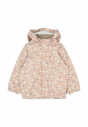 Letvægts lyserød jakke med hætte, frontlynlås og rækker af hjerter i hvid, lilla og ferskenfarvet på en stribet baggrund.
