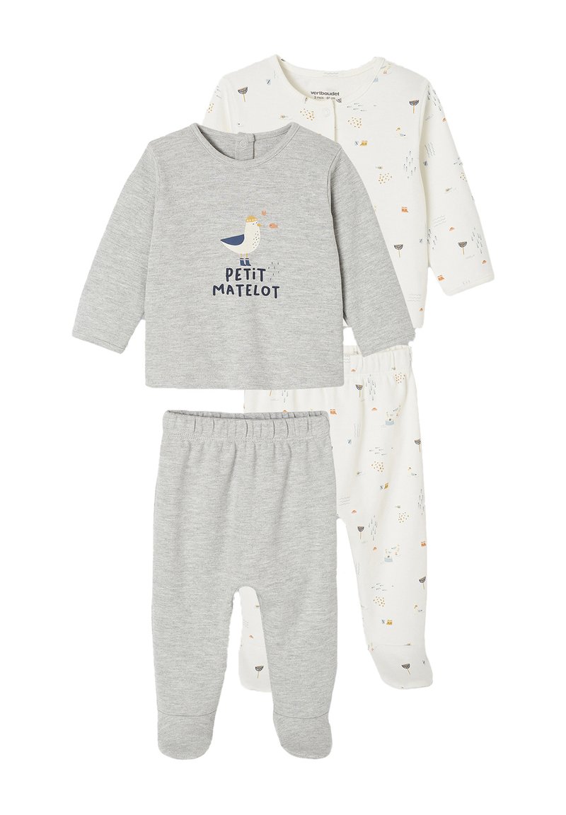Two baby outfits: a gray top with "PETIT MATELOT" text and a seagull graphic, and white bottoms with multicolored patterns. Soft cotton material.