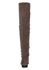 Taupe över knäet stövel i mjuk mocka, med en sidodragkedja, rund tå och en låg staplad klack med en guldaccent runt basen.