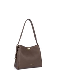 Borsa a tracolla in pelle marrone con finitura testurizzata, una sola tracolla, hardware dorato e un logo sottile sul davanti.