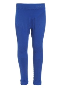 Blaue Leggings aus elastischem Material mit einer glatten Textur, tubularer Form und einem Bund mit dezenter Markenkennzeichnung an der Oberseite.