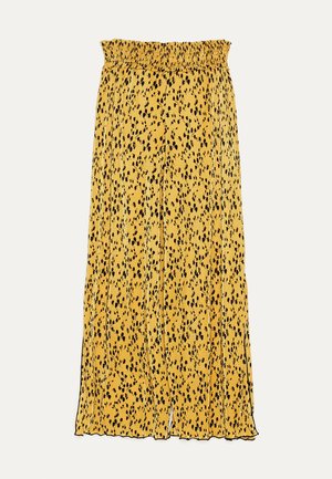 Gelber plissierter Rock mit schwarzem abstraktem Blumenmuster, elastischem Bund und leicht gerafftem Saum.