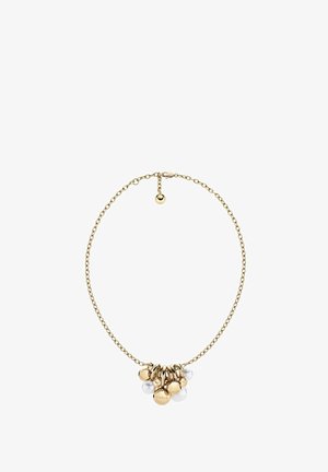 Zlata ogrlica z okroglimi kovinskimi kroglicami in belimi biseri združenimi na sredini; ima majhen zlat nohtni zapiralo.