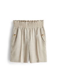 Shorts plissés beige avec une taille élastique, des poches latérales à boutons et un tissu texturé. Présentent une apparence soignée.