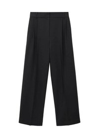 Black wide-leg trousers made from a smooth fabric, featuring a high waist, pleats, and a tailored design for a structured fit.