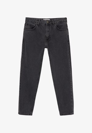 Zwarte denim jeans met een rechte pijp, vijf zakken en een knoopsluiting. De stof heeft een zachte textuur en minimale vervaging.