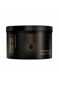 Black round container for a hair mask, with gold accents and lines. Label reads "Sebastian Dark Oil," featuring jojoba and argan oil, 500 mL.