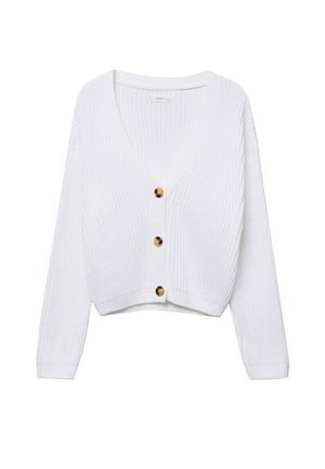 Biały dziergany kardigan z długimi rękawami, dekoltem w serek i trzema dużymi brązowymi guzikami z przodu, krótki fason.