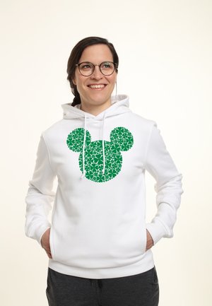 Bílá mikina s velkým zeleným květinovým vzorem ve tvaru siluety Mickey Mouse, s kapucí na šňůrku a žebrovanými manžetami.