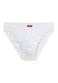 Weiße Baumwollunterwäsche mit einem weichen elastischen Bund, einem kleinen roten Markenlabel und einem klassischen Slip-Design. Keine Muster oder Akzente.