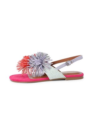 Flat sandal with pink sole, light purple and mint green straps, decorated with large red and purple fringed pom-poms on the front.