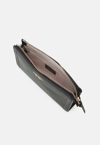 Black leather wallet with gold zipper and accents, featuring an open design showcasing a light interior with card slots and a brand label.