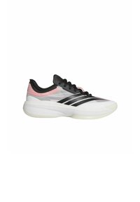 Scarpe sportive con tomaia bianca e grigia, dettagli neri e rosa. Presentano un materiale in mesh testurizzato e una suola in gomma solida.