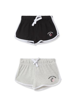 Pantaloni sportivi neri e grigi con rifiniture bianche, dotati di vita elastica e cordoncino. Ognuno presenta un design ricamato di palma.
