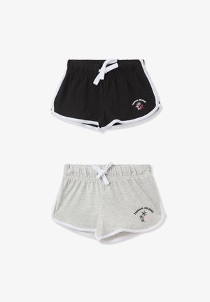 Pantaloni sportivi neri e grigi con rifiniture bianche, dotati di vita elastica e cordoncino. Ognuno presenta un design ricamato di palma.