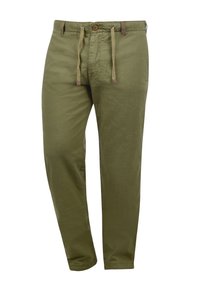 Olive green, lightweight cotton pants with drawstring waist, button closure, and straight leg design. Smooth texture with no visible patterns.