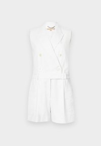 Vitt ärmlöst jumpsuit med dubbelknäppt design, stora knappar och bälte i midjan, med en skräddarsydd kort stil och rena linjer.