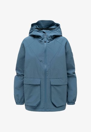 Blå hettejakke vanntett jakke med frontglidelås, to store frontlommer med klaff og elastiske mansjetter.