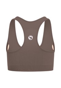 Braun Sport-BH mit strukturierter Oberfläche, Racerback-Design und offenen seitlichen Ausschnitten, mit einem Logo in der Mitte des Rückens.