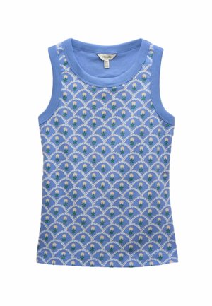 Sleeveless blue tank top with a floral wave pattern in white and green. Made of soft cotton with a round neckline and contrasting armholes.