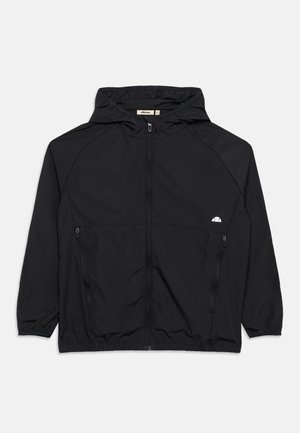Black lightweight hooded jacket with front zipper, elastic cuffs, side zip pockets, and small white logo on chest.