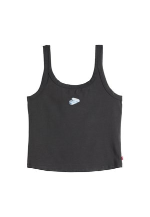 Top corto nero senza maniche con spalline larghe, caratterizzato da una piccola latta ricamata in blu e bianco con la scritta "Love" sul petto.