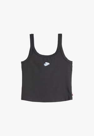 Top corto nero senza maniche con spalline larghe, caratterizzato da una piccola latta ricamata in blu e bianco con la scritta "Love" sul petto.