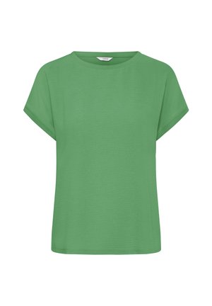 Top verde de manga corta hecho de tela ligera. Presenta un escote redondo y un ajuste relajado con textura suave y sin adornos.