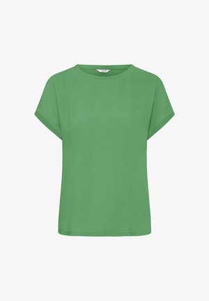 Green, short-sleeve top made of lightweight fabric. Features a round neckline and a relaxed fit with smooth texture and no embellishments.