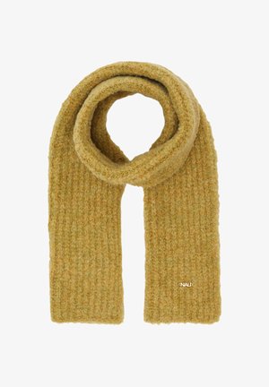 Écharpe texturée et côtelée de couleur moutarde, fabriquée en matériau doux ; présente un design en boucle pour un style polyvalent.