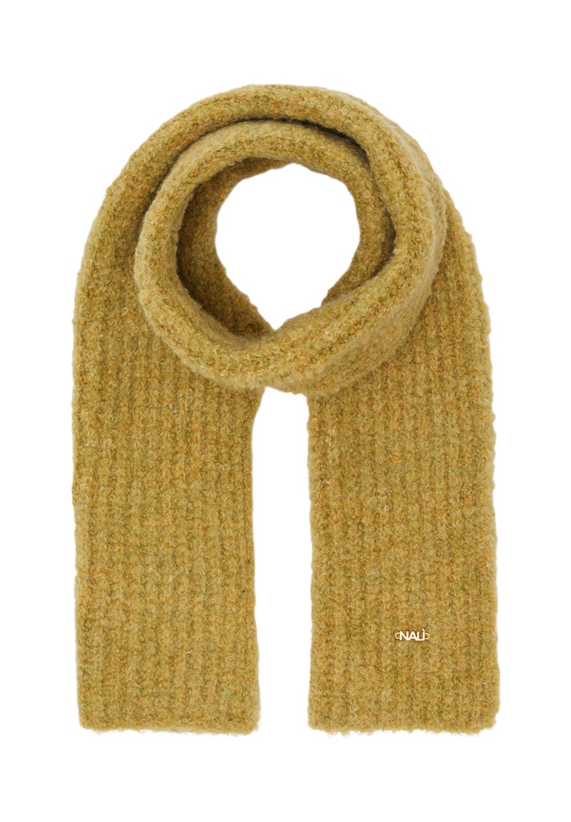 Textureret, ribbet tørklæde i en sennepsgul nuance, lavet af blødt materiale; har et snonget design for alsidig styling.