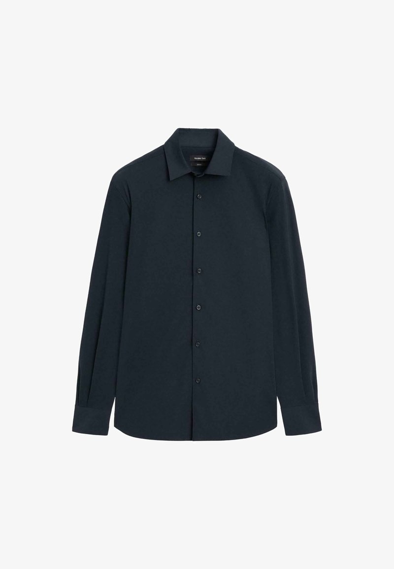 Dunkelblauses Langarmhemd mit spitzem Kragen, Knopfleiste und Manschetten mit Knöpfen. Hergestellt aus einem glatten, leichten Stoff.