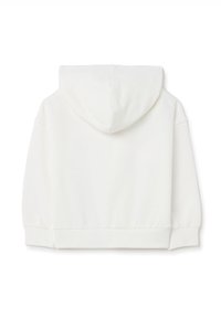 Sudadera blanca con capucha, de textura suave, diseño corto y dobladillo acanalado. Cuenta con capucha con cordón y un acabado liso y limpio.