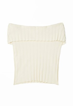 Off-the-shoulder top v kremni barvi, z navpičnimi naborki, iz lahkotnega materiala in s ravnim robom. Brez vidnih zapiral in okraskov.