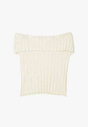 Krēmveida off-the-shoulder tops, kas izceļas ar vertikālām krokām, vieglu audumu un taisnu apakšmalu. Redzamības nav slēgšanai vai rotājumiem.