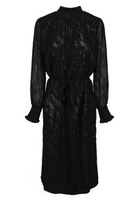 Černé šaty s dlouhým rukávem vyrobené z průhledné látky s texturovanými vzory, vypasovaným pasem a volánkovými manžetami. Vysoký límec a zip na zadní straně.