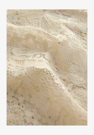 Beżowa koronka w kwiatowy wzór, z delikatnymi teksturami, misternymi detalami i ogólnie miękkim wyglądem.
