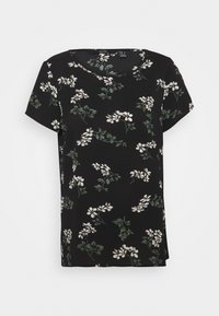 Camisa negra de manga corta con estampado floral blanco y acentos verdes. Presenta un escote redondo y un corte relajado y recto. Tejido ligero.
