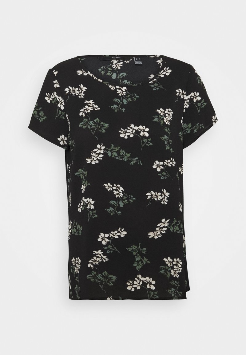 Camisa negra de manga corta con estampado floral blanco y acentos verdes. Presenta un escote redondo y un corte relajado y recto. Tejido ligero.