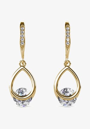 Orecchini a goccia d'oro con gemme trasparenti rotonde alla base. Sezione superiore testurizzata con piccoli accenti rotondi lungo l'orecchino.