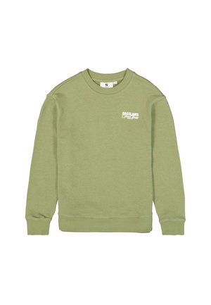 Sudadera verde de algodón, con cuello redondo, mangas largas y un pequeño logo blanco en el pecho izquierdo. Textura suave.